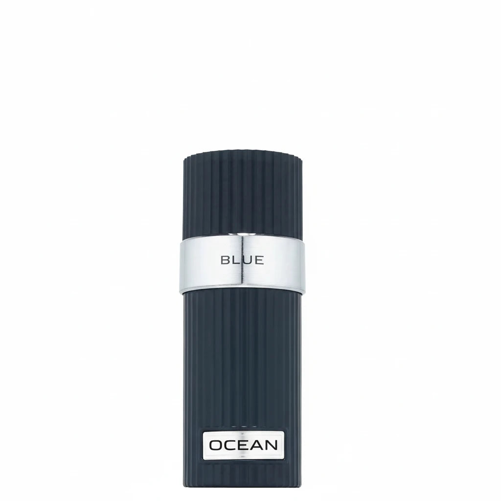 Black and silver perfume bottle labeled 'Blue Ocean' on a white background