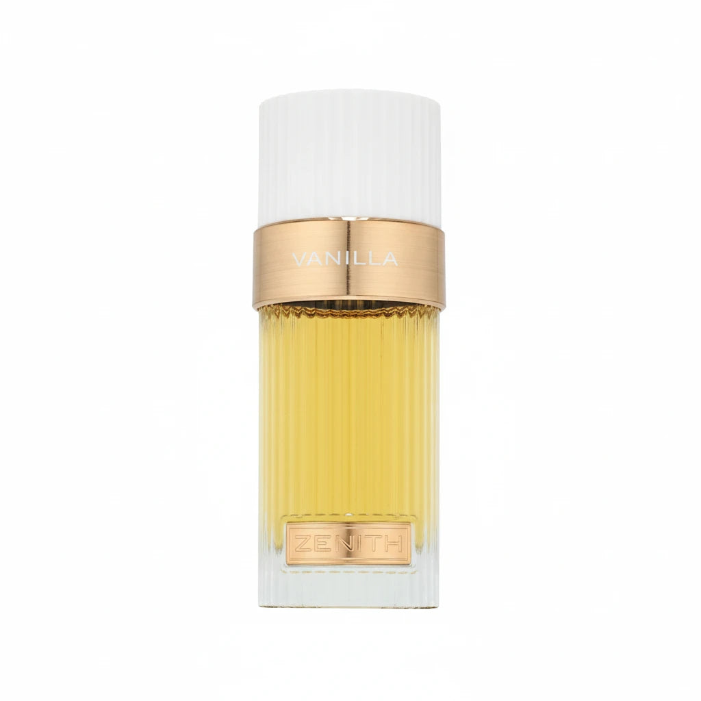 Perfume bottle labeled 'Vanilla' on a white background