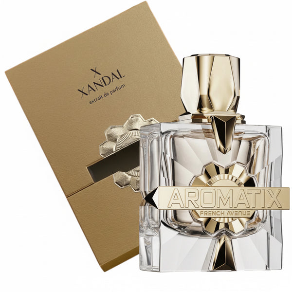 Perfume bottle 'Aromatix X Xandal' branding next to a beige box 
