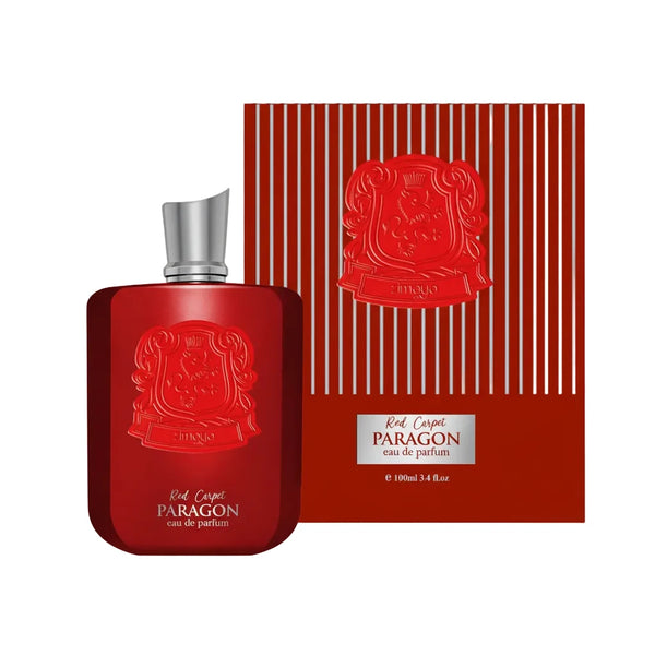 Red Paragon perfume bottle with matching box on a white background