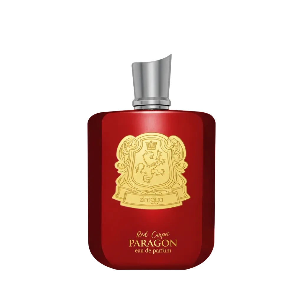 Red Carpet Paragon eau de parfum bottle with gold emblem on a white background
