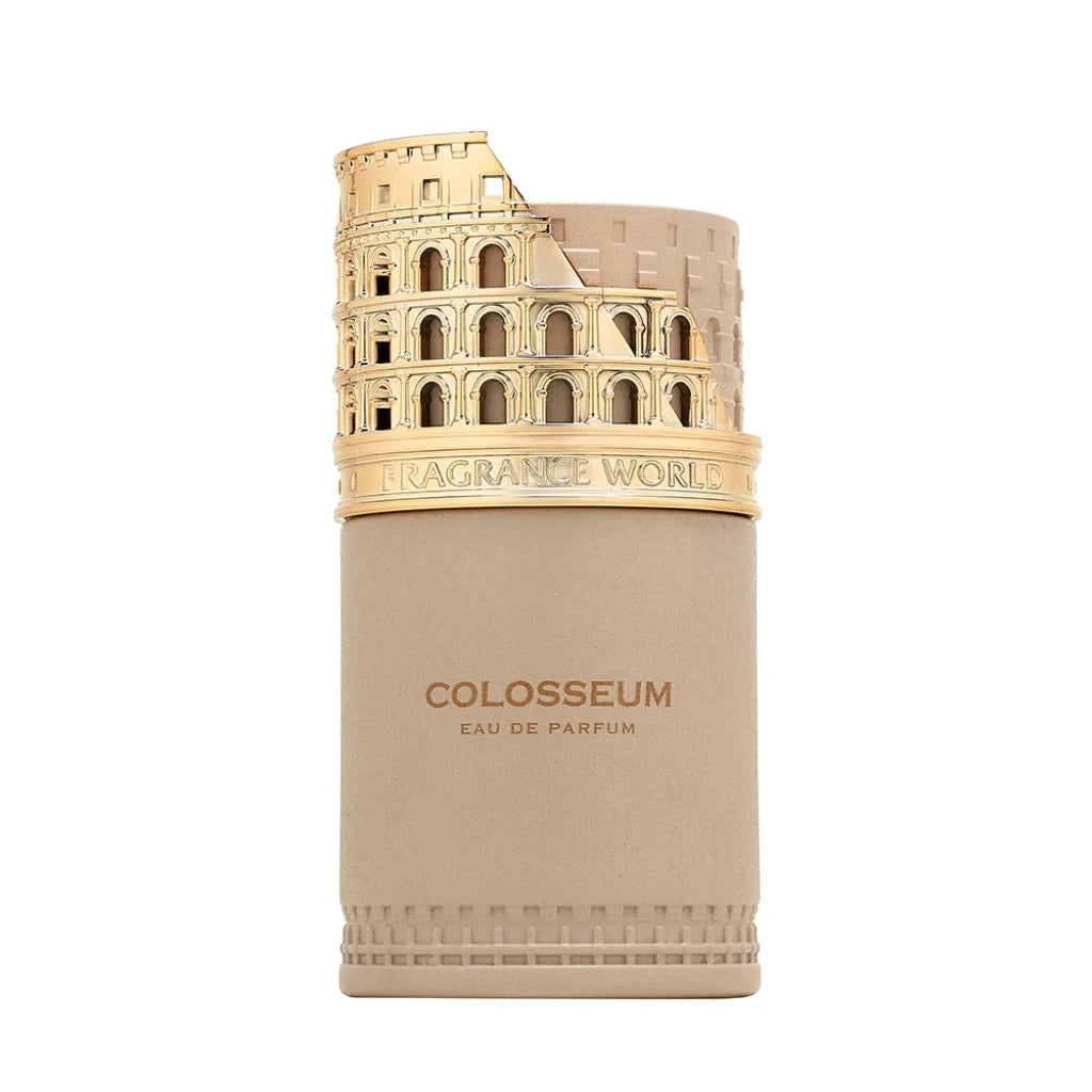Perfume bottle with Colosseum design on a white background
