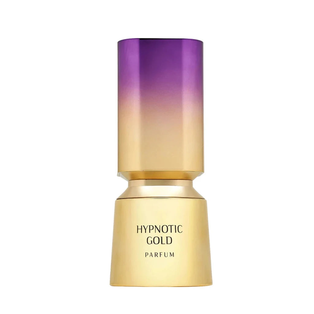 Gold and purple gradient perfume bottle labeled 'Hypnotic Gold Parfum' on a white background