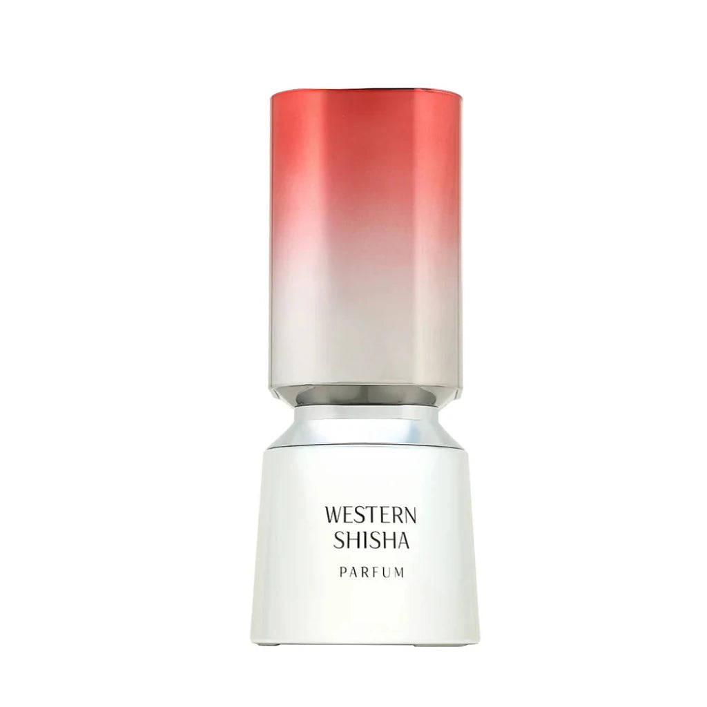 Perfume bottle with gradient red to silver cap on a white background