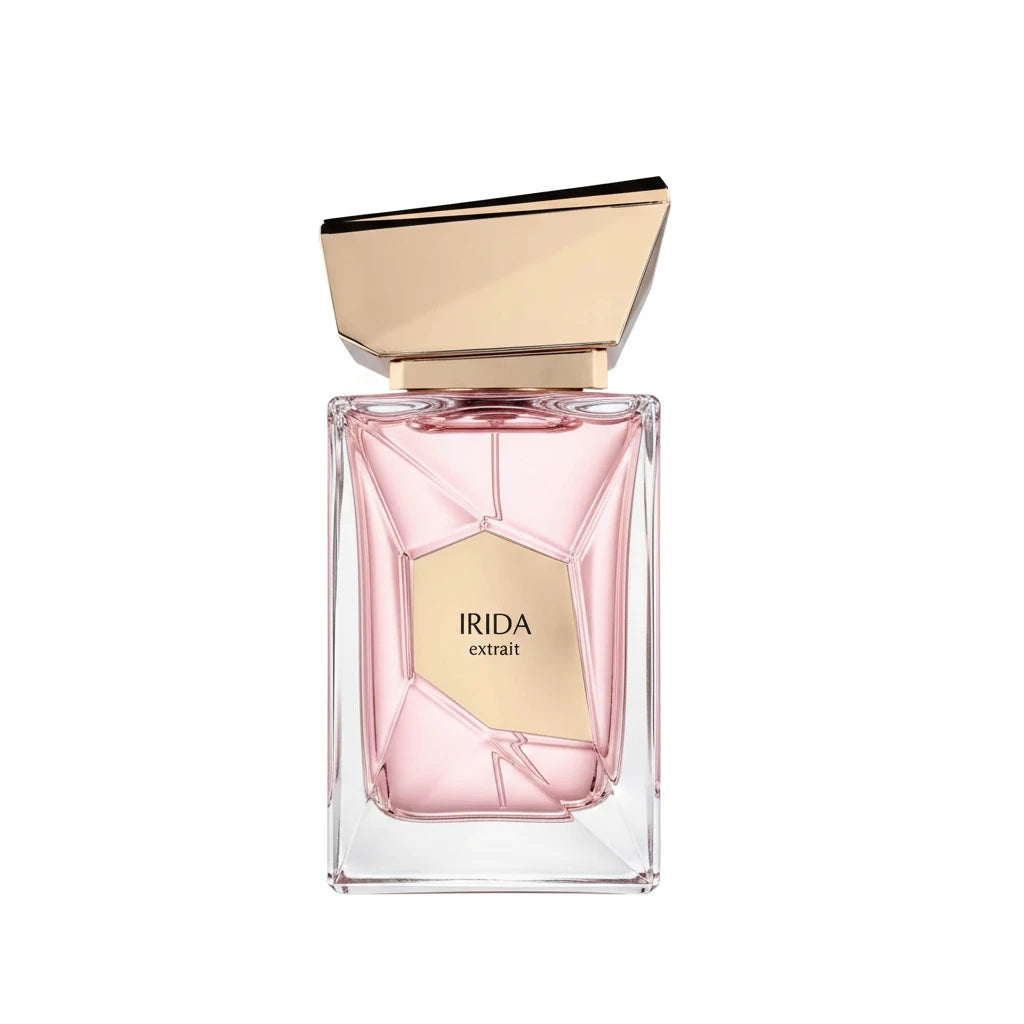 Perfume bottle labeled 'Irida' with a gold cap on a white background