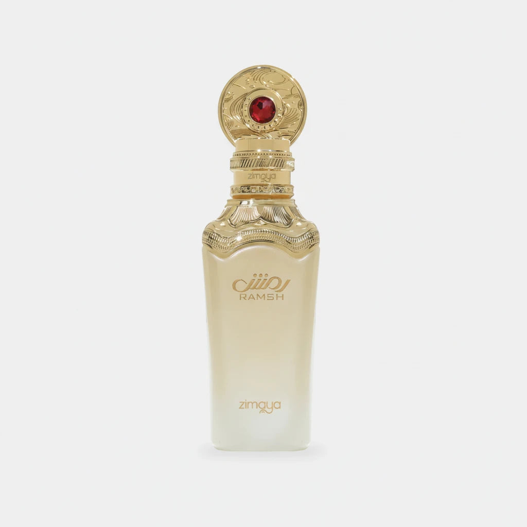 Ramsh White perfume bottle with intricate design on a white background