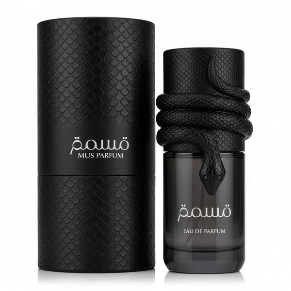 Black perfume bottle with textured packaging on a white background