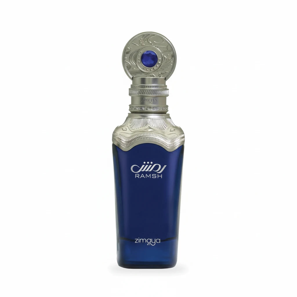 Ramsh perfume bottle with silver cap on a white background