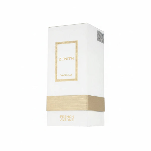 White and gold box of Zenith Vanilla perfume on a white background