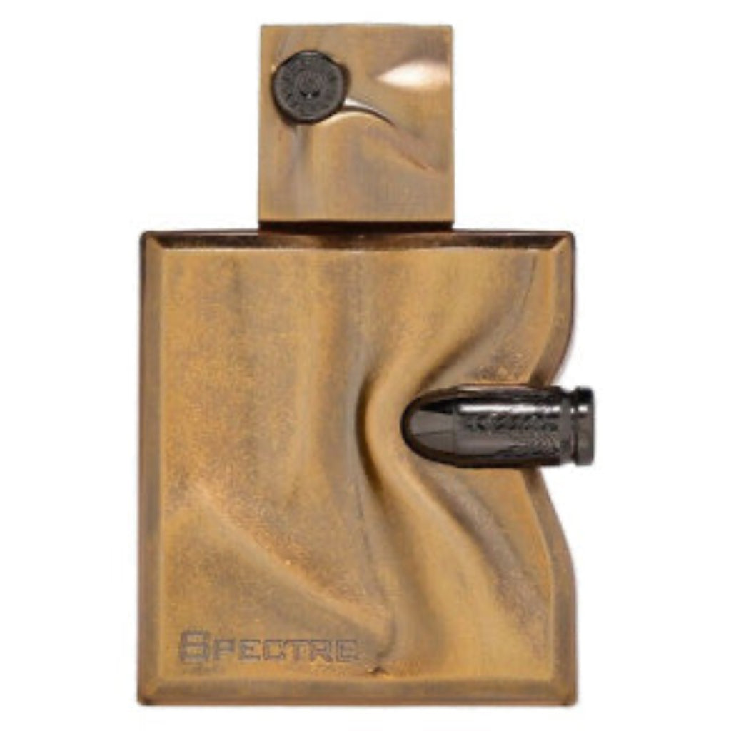 Spectre perfume bottle with a brown and black design on a white background