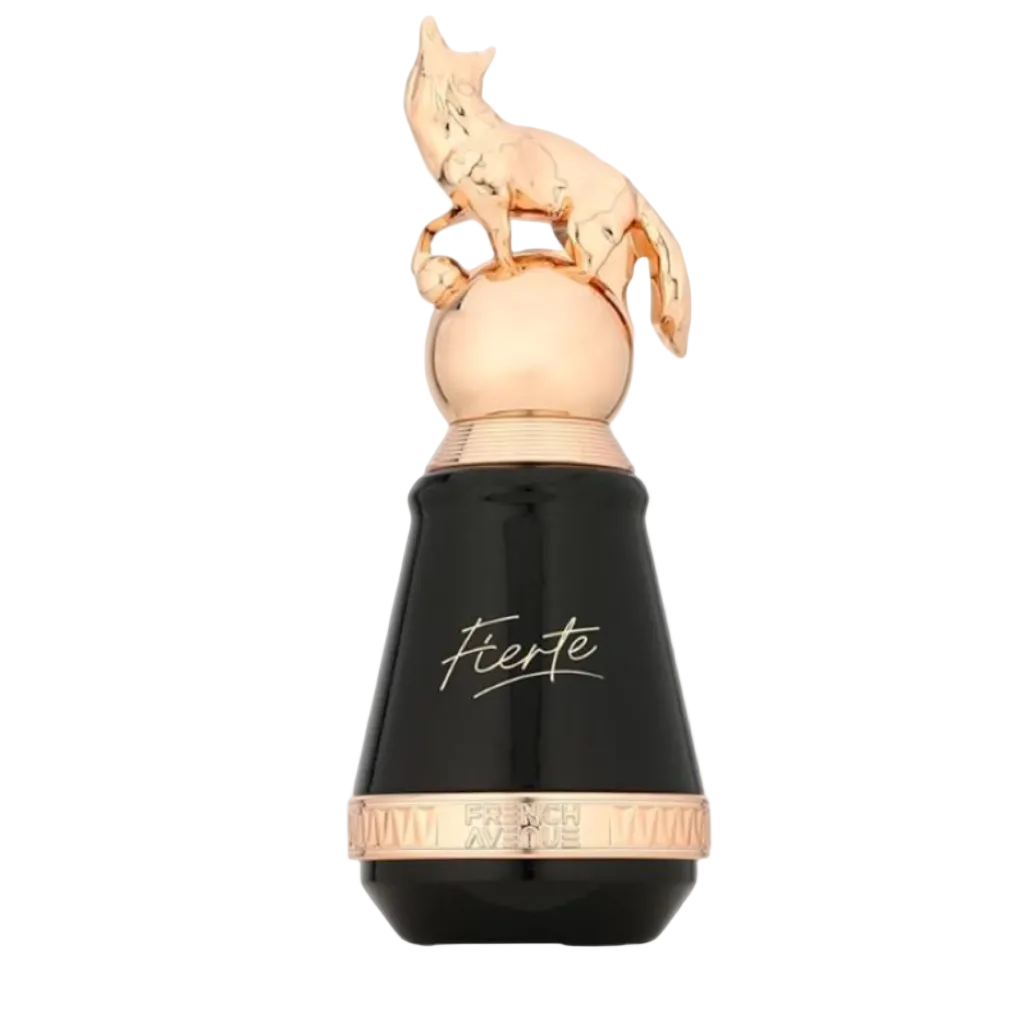 Perfume bottle with gold cap and black body on a white background