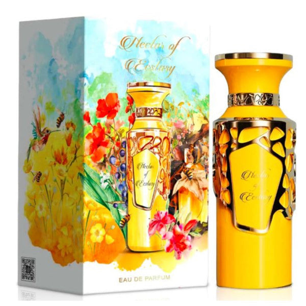 Yellow perfume bottle with floral design packaging on a white background