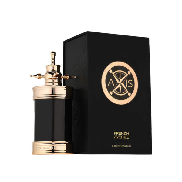 Black and gold Axis perfume bottle with packaging on a white background
