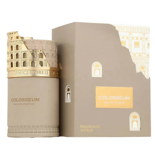 Colosseum perfume bottle and packaging with architectural design elements on a white background