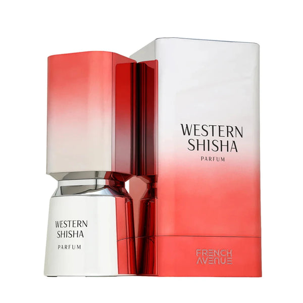 Red and white perfume bottle with 'Western Shisha' branding on a white background