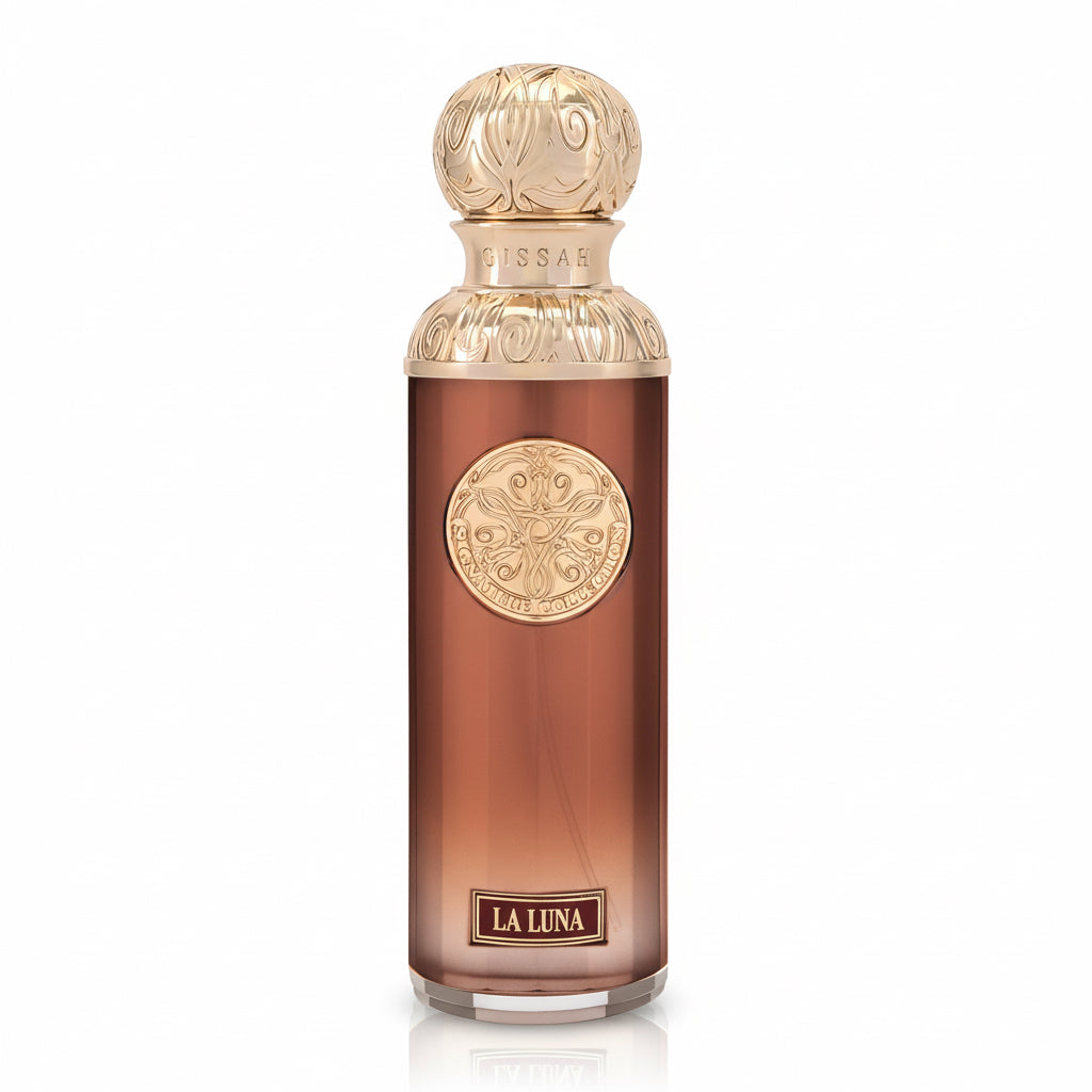 Perfume bottle labeled 'La Luna' with gold cap and decorative elements on a white background