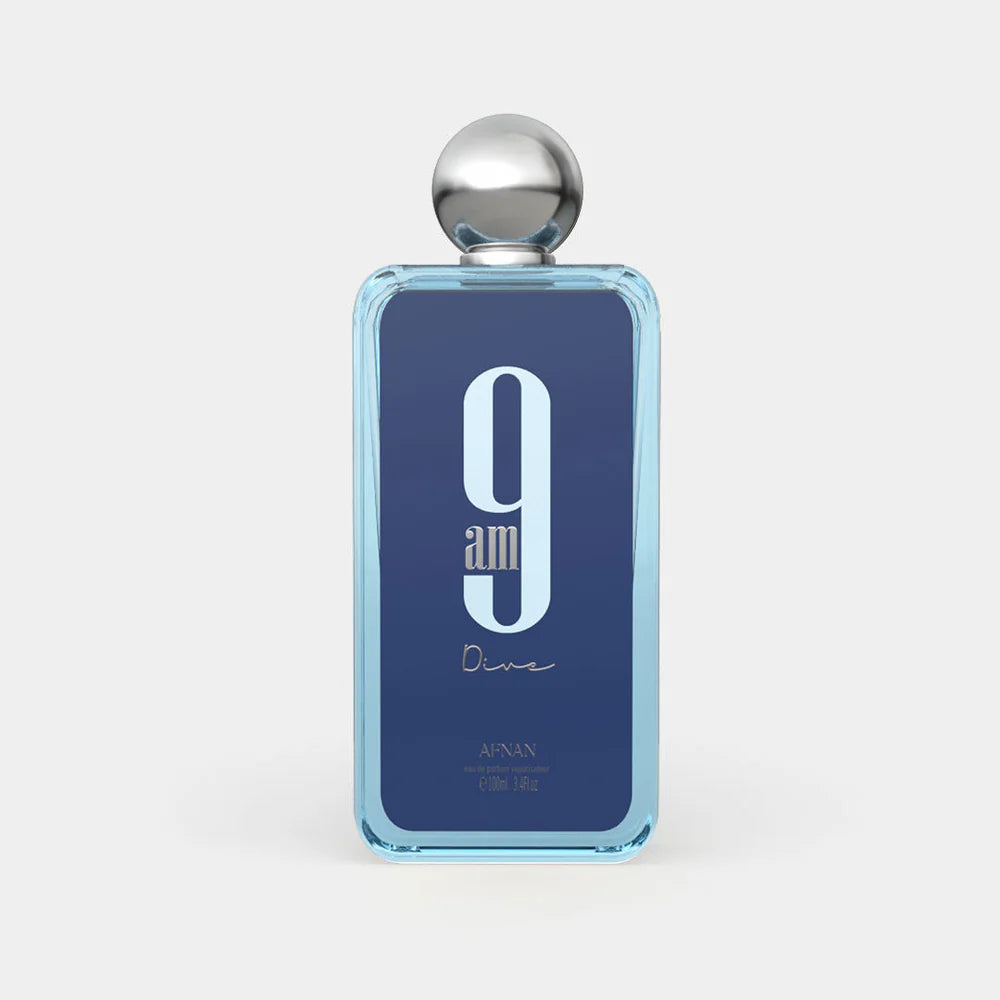 Perfume bottle with blue body and silver cap on a white background