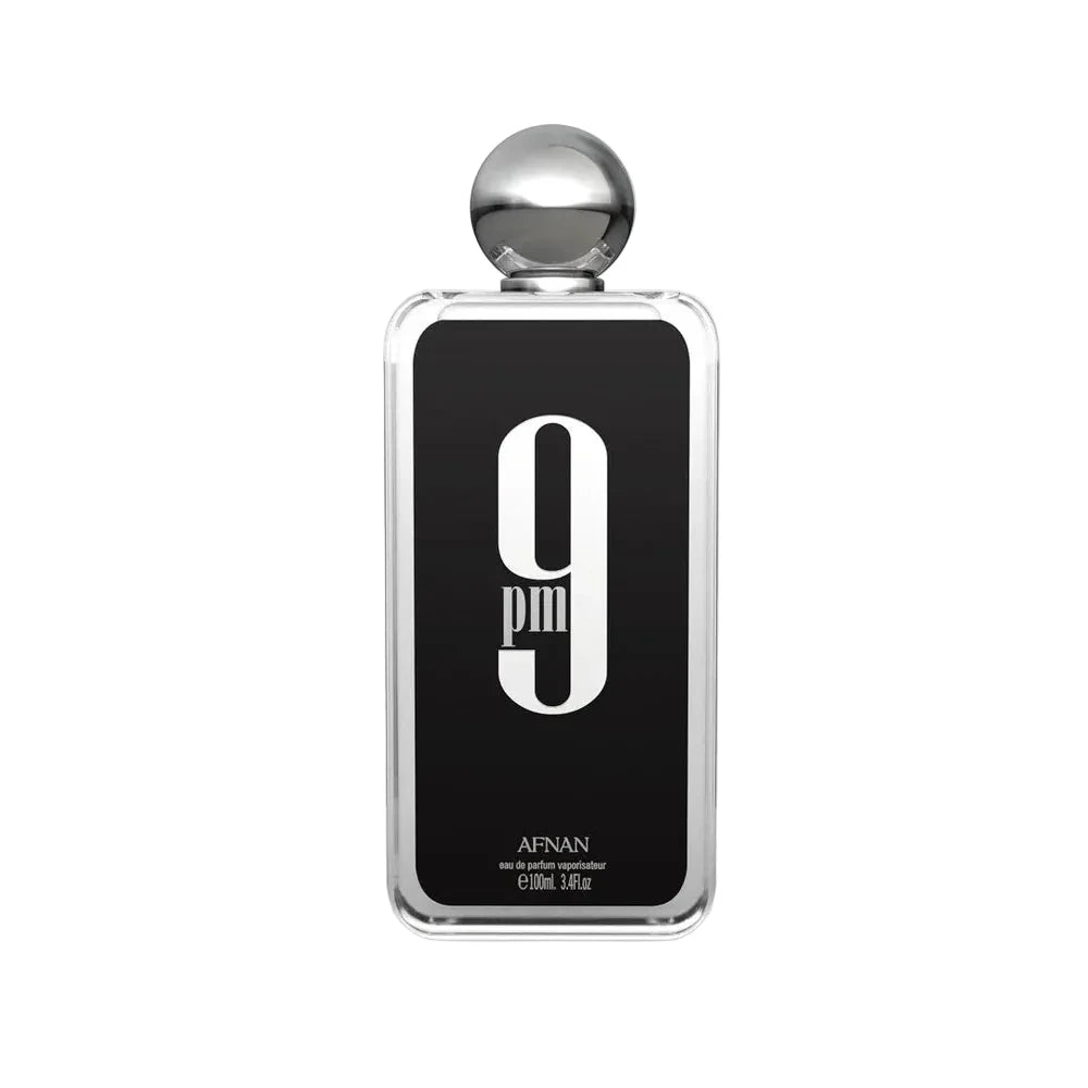 Perfume bottle with black label and silver cap on a white background