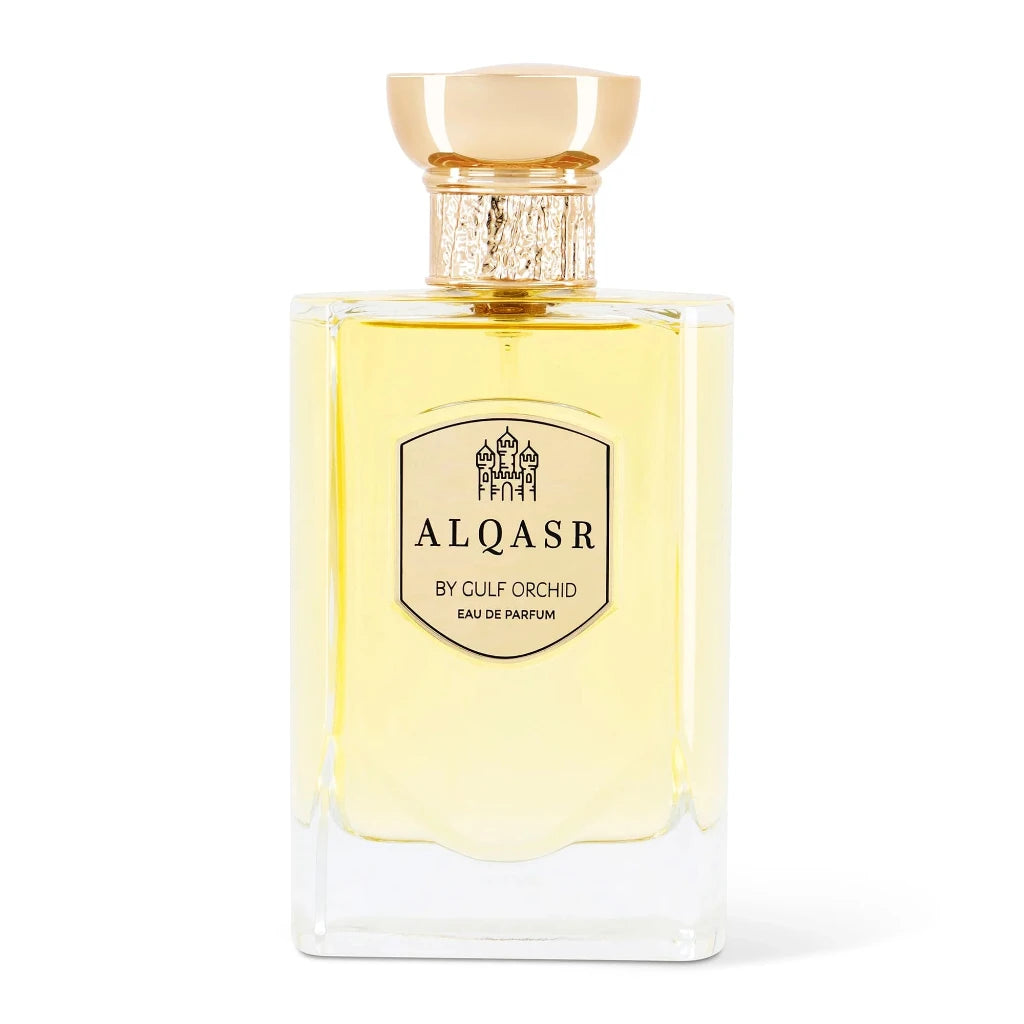 Perfume bottle labeled 'Alqasr by Gulf Orchid' on a white background