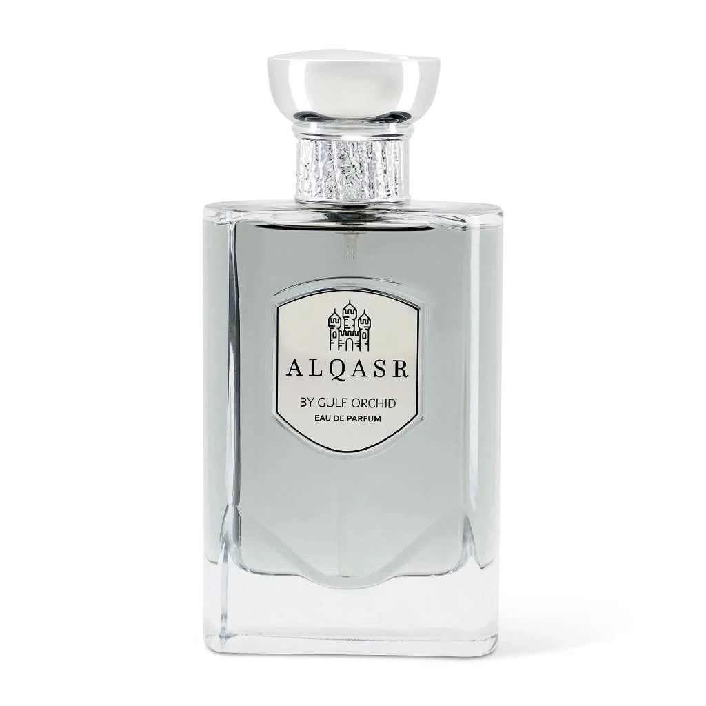 Clear perfume 'Alqasr by Gulf Orchid' on a white background