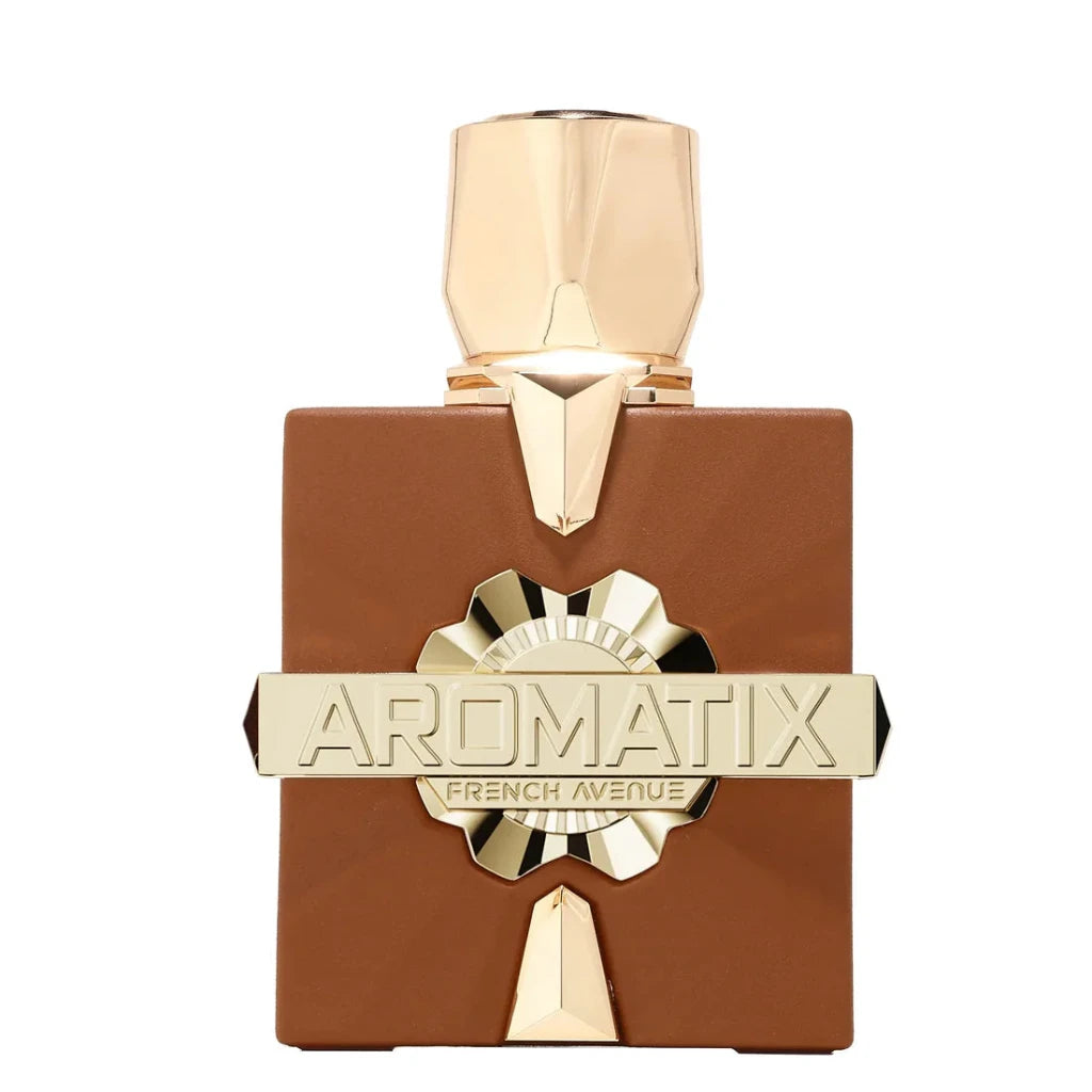 Brown and gold Aromatix perfume bottle on a white background
