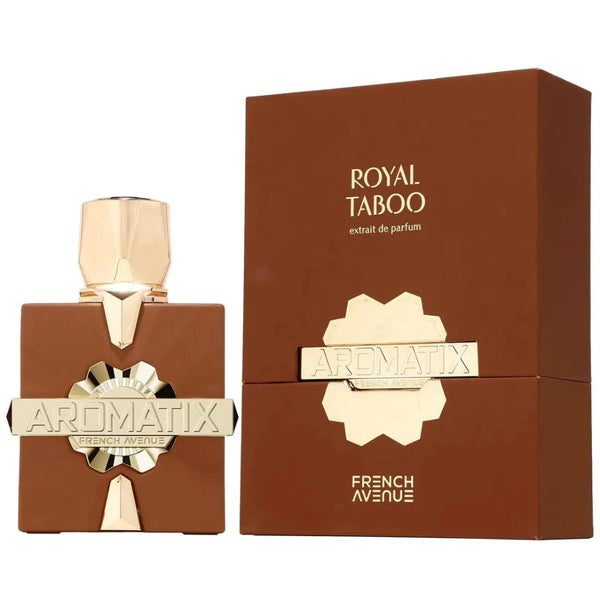 Brown and gold Aromatix Royal Taboo perfume bottle and packaging on a white background