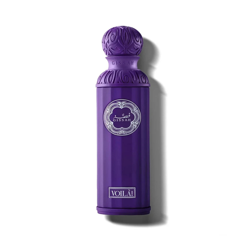 Purple perfume bottle with decorative cap on a white background