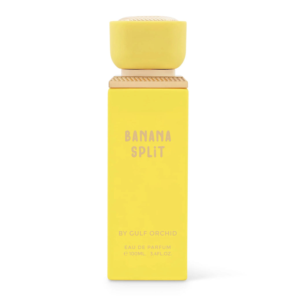 Yellow perfume bottle labeled 'Banana Split' by Gulf Orchid on a white background
