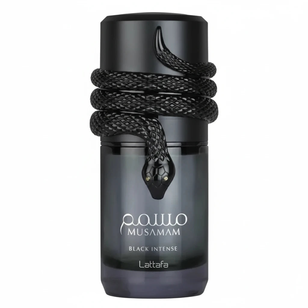 Black perfume bottle with snake design labeled 'Mou Musamam Black Intense' by Lattafa.