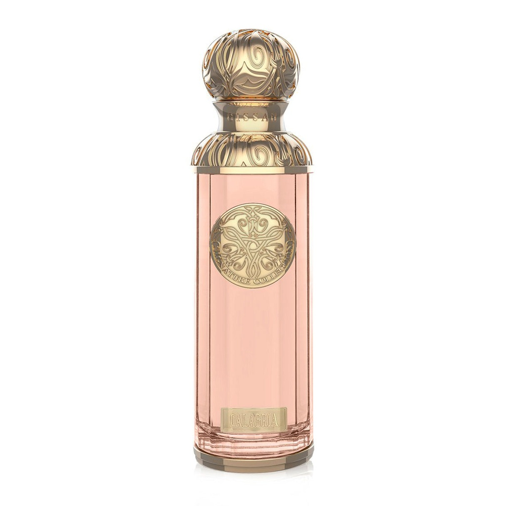 Perfume bottle with decorative gold cap and label on a white background
