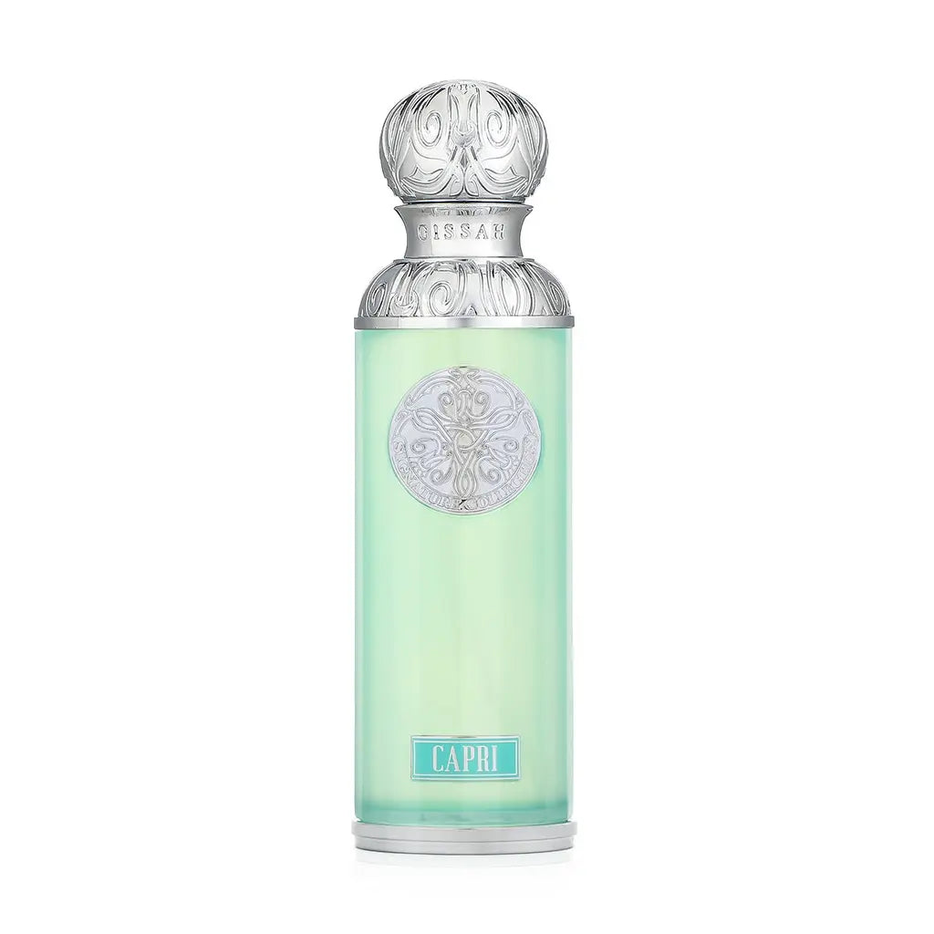 Perfume bottle with decorative cap on a white background