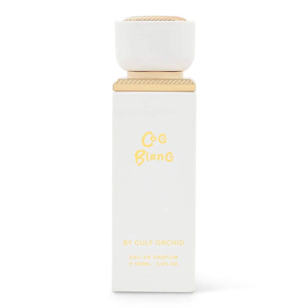 Perfume bottle labeled 'Coco Blanco' by Gulf Orchid on a white background