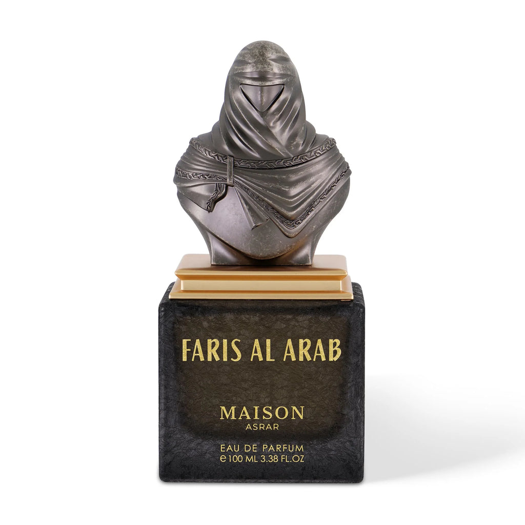 Perfume bottle with a metallic figure on top labeled 'Faris Al Arab' by Maison Asrar.