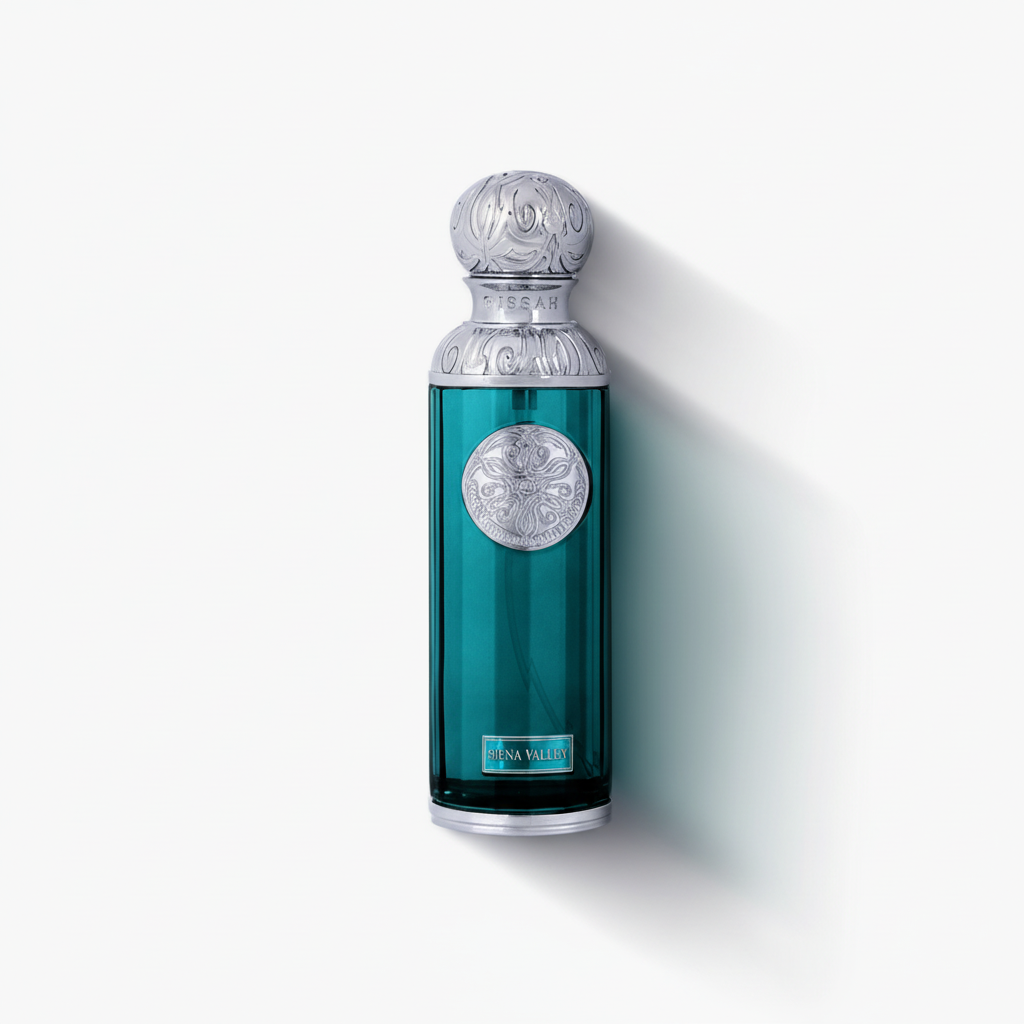 Teal perfume bottle with silver cap on a white background