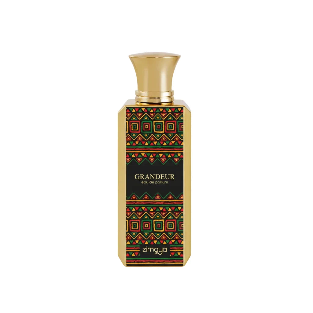 Grandeur Perfume bottle with geometric design and gold cap on a white background