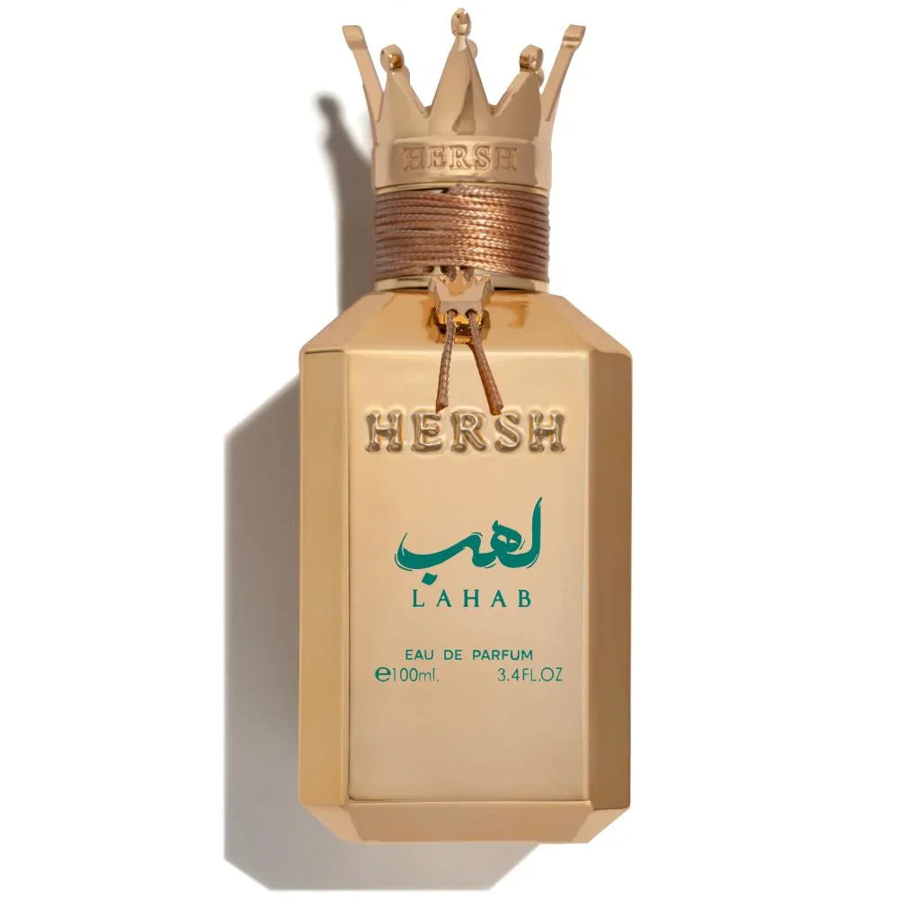 Gold Hersh Lahab perfume bottle with a crown on a white background