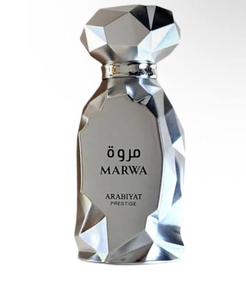 Silver perfume bottle with 'Marwa' branding on a white background