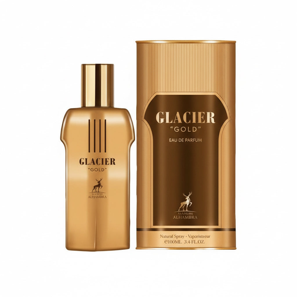 Glacier Gold perfume bottle and packaging on a white background