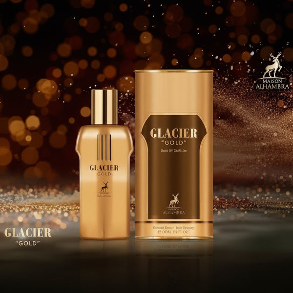 Two bottles of Glacier perfume with a blurred background