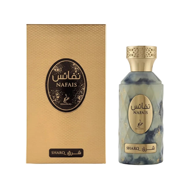 Nafais Sharq perfume bottle and packaging on a white background
