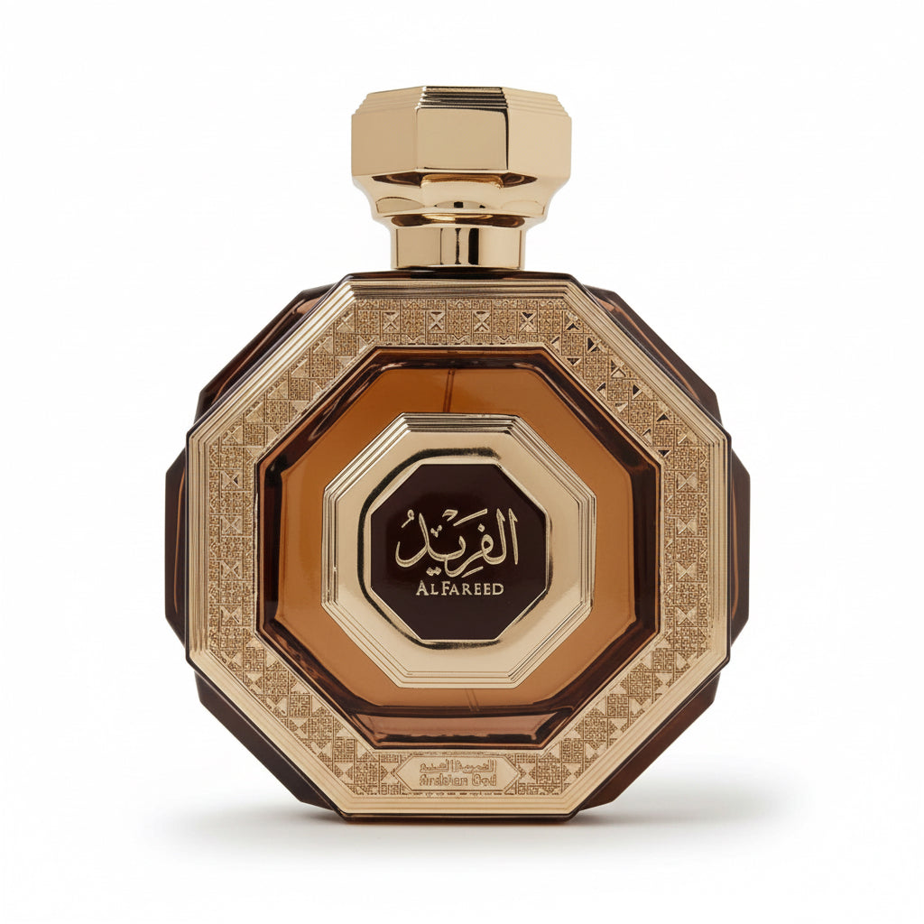 Decorative perfume bottle with intricate design and 'Al Faraed' branding on a light gray background