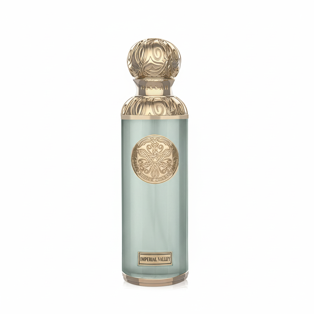 Perfume bottle with decorative gold cap and label on a white background