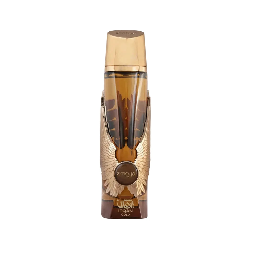 Zimaya Itqan Gold perfume bottle on a white background