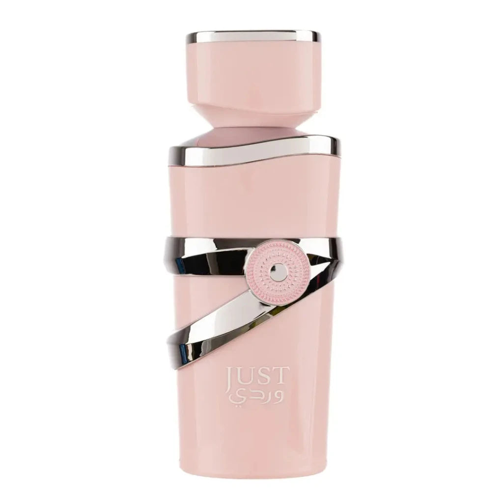 Pink perfume bottle with silver accents on a white background