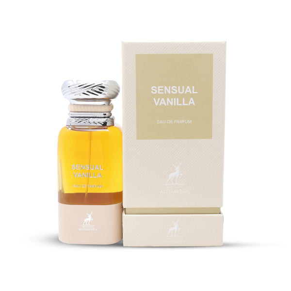 Sensual Vanilla perfume bottle and packaging on a white background