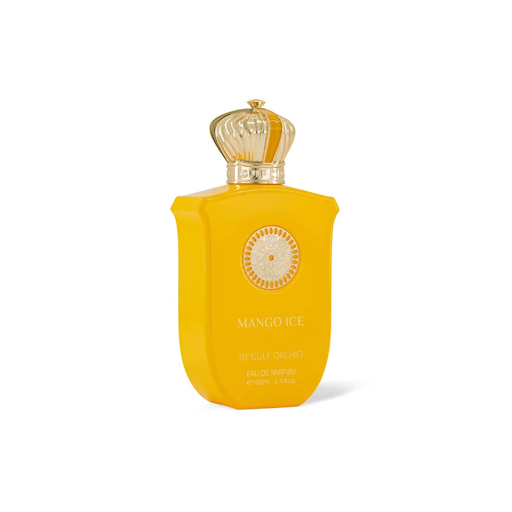 Yellow perfume bottle Mango Ice with gold cap on a white background