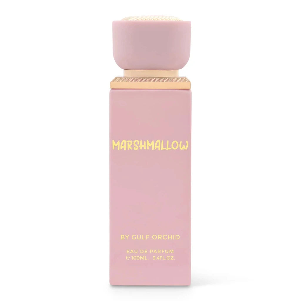 perfume Marshmallow with gold cap and text on a white background