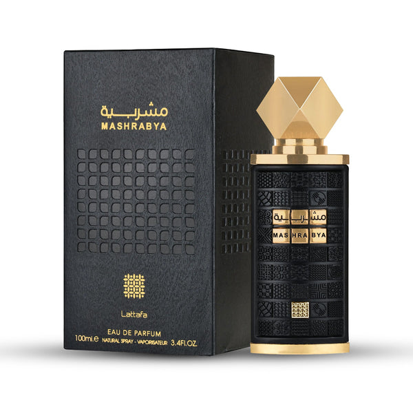 Mashrabya perfume bottle By Lattafa and packaging on a white background