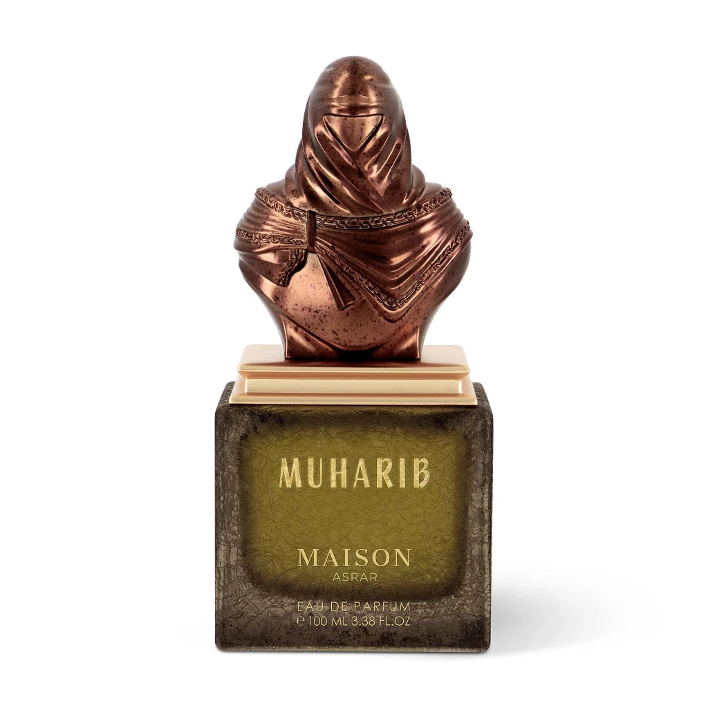 Perfume bottle with decorative cap labeled 'Muharib' by Maison Asrar on a white background