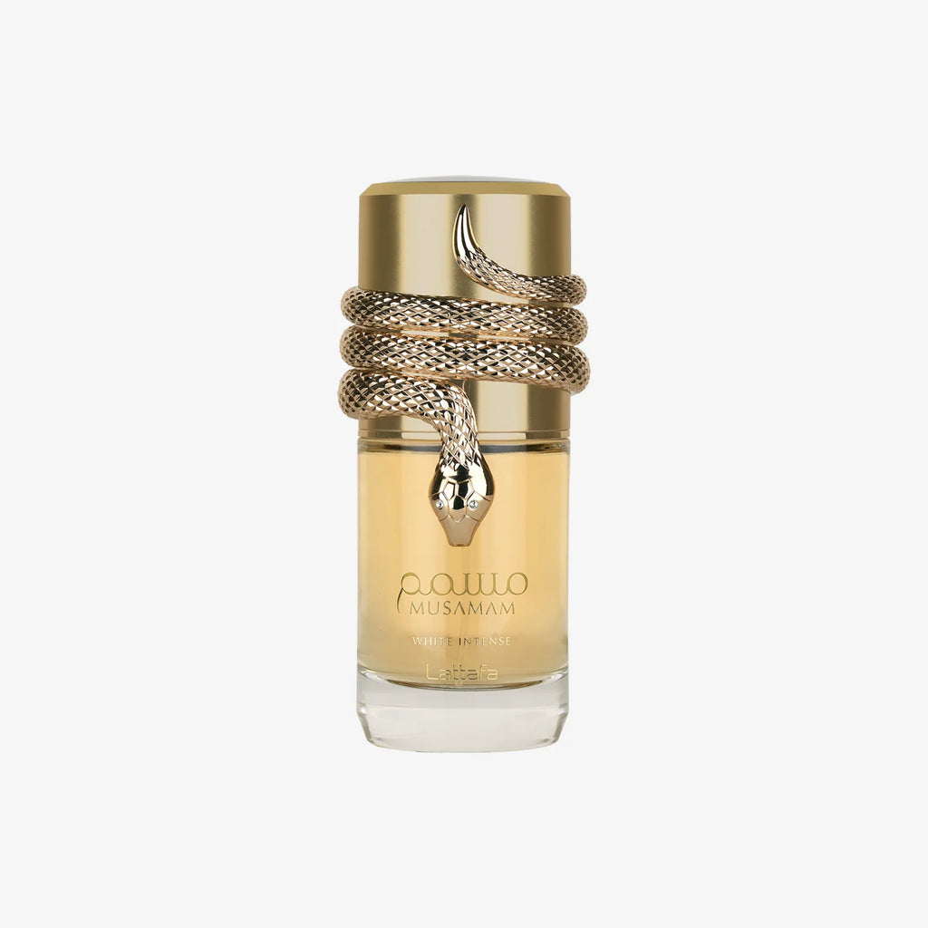 Perfume bottle Musamam White by Lattafa with gold cap and snake design on a white background